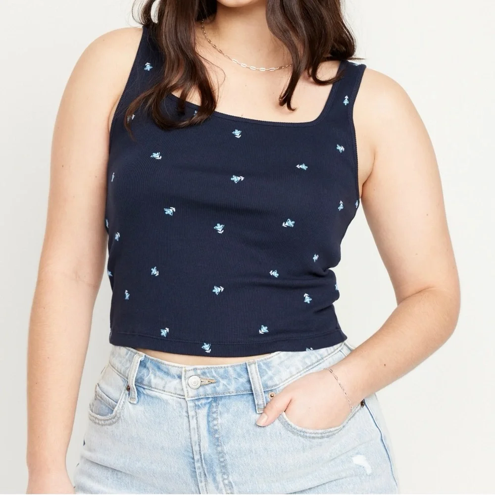 Old Navy size XL Women’s Navy Blue Floral Ultra-Crop Rib-Knit Top - Picture 2 of 8